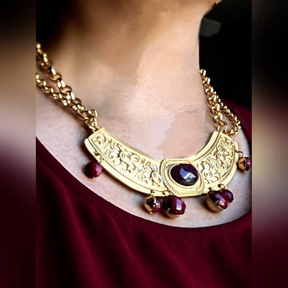 Red Reinassance Genuine Natural Rubies Collar Two Strand Necklace in Gold Plated - Picture 11 of 11